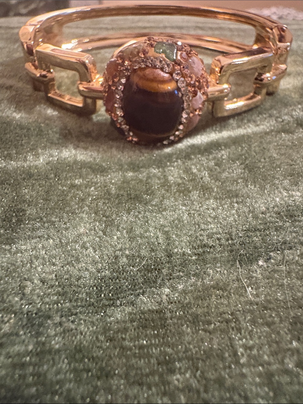 Gold-Tone Bracelet with Brown Tiger's Eye Cabochon and Crystal Halo